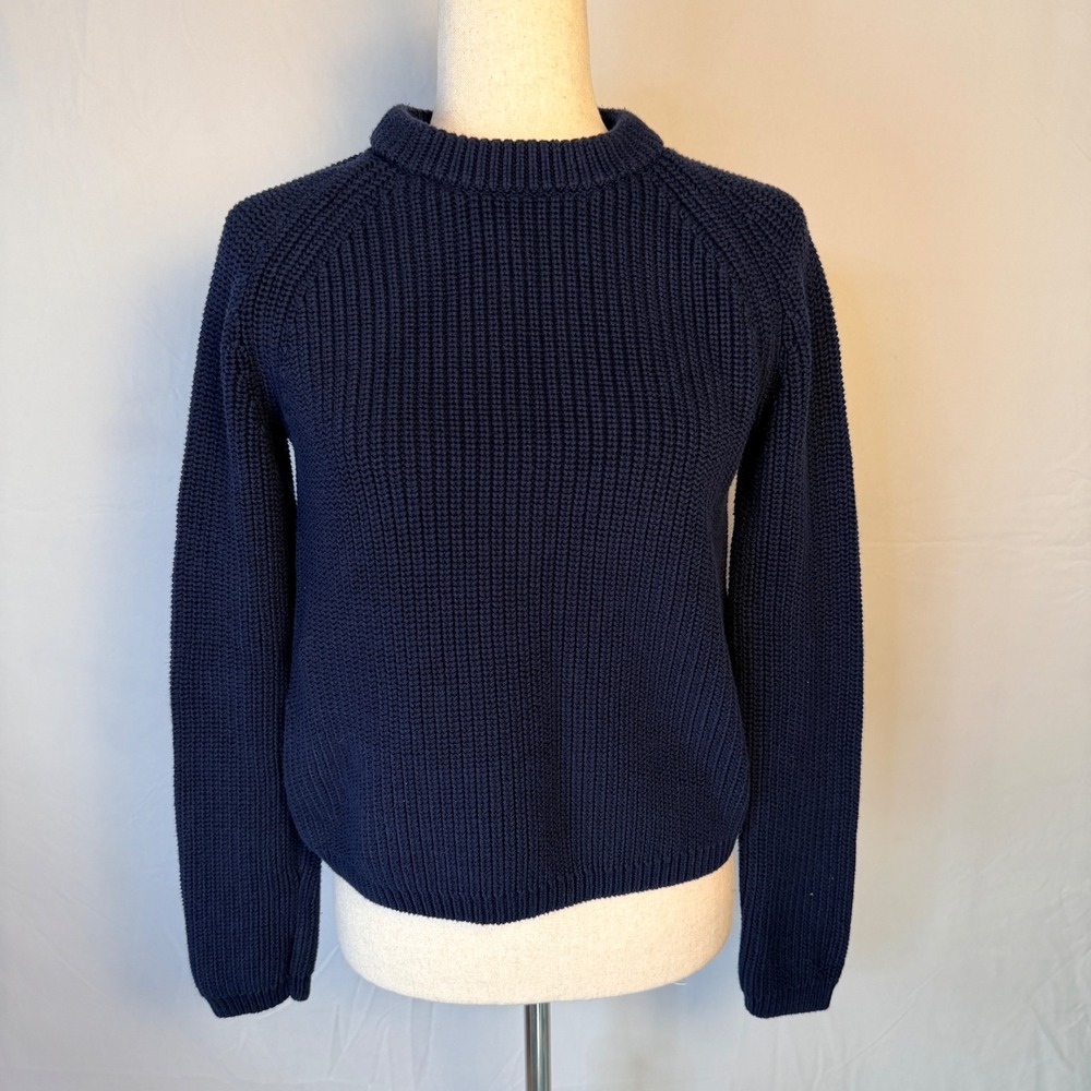 Quince Organic Cotton Fisherman Crew Sweater Navy Blue Ribbed Knit Small